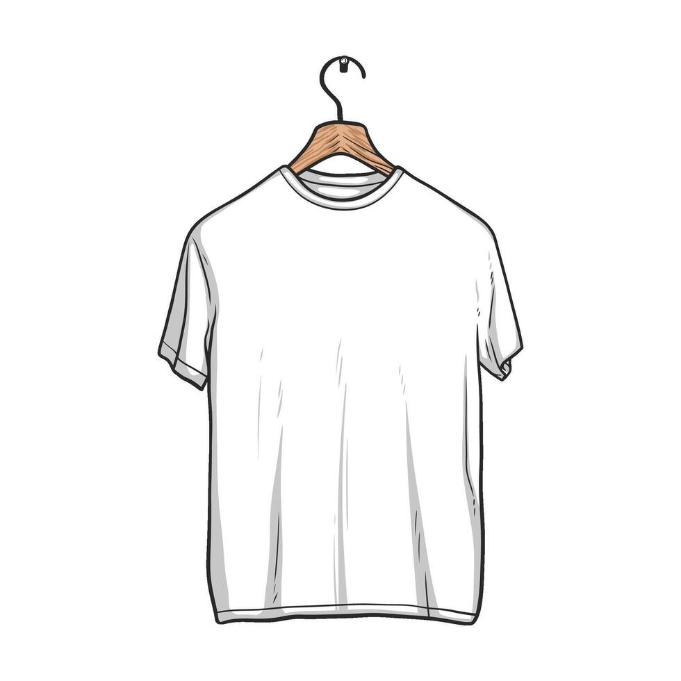 Plain white t-shirt hanging on a wooden hanger, isolated on a white background vector