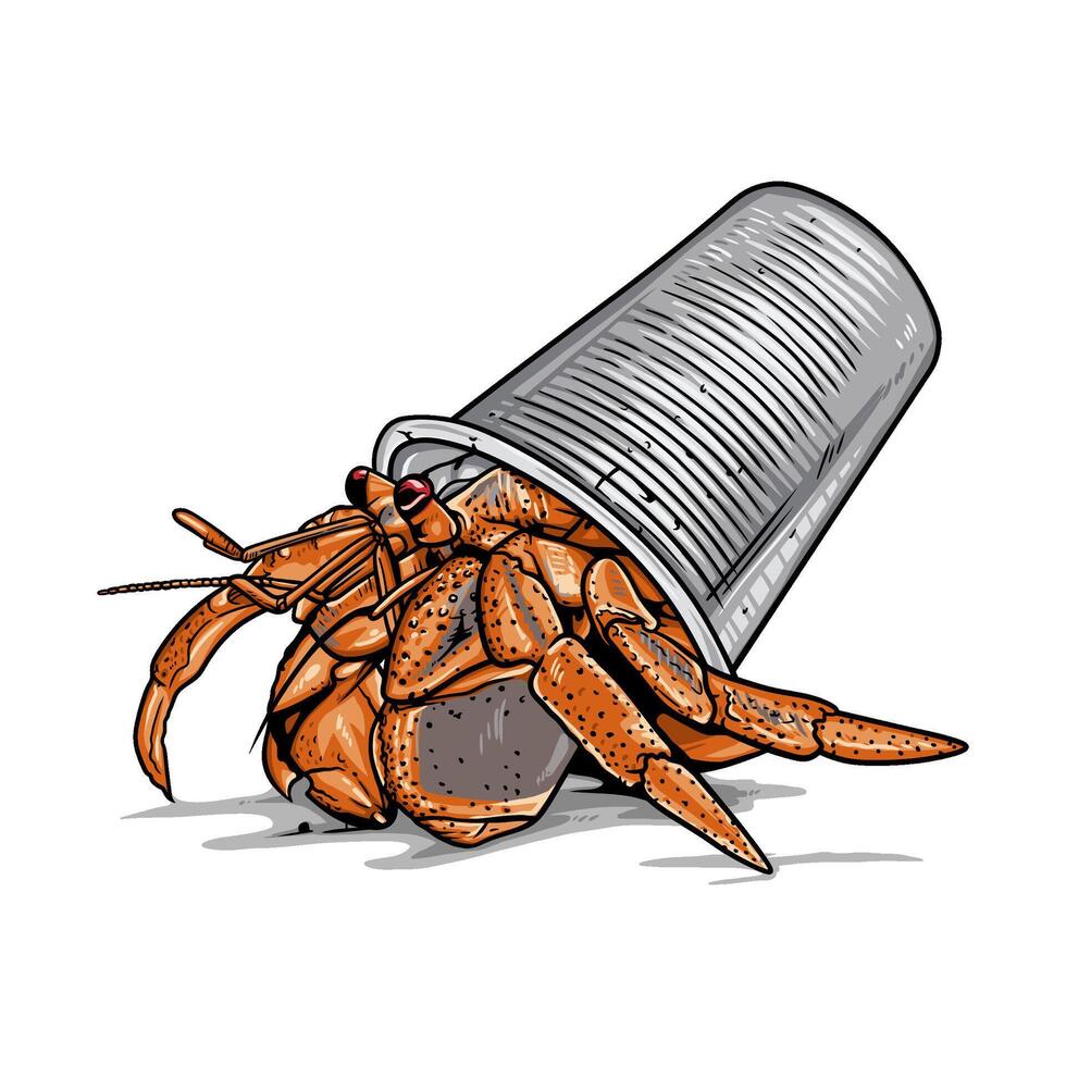 An orange hermit crab emerging from a discarded tin can vector