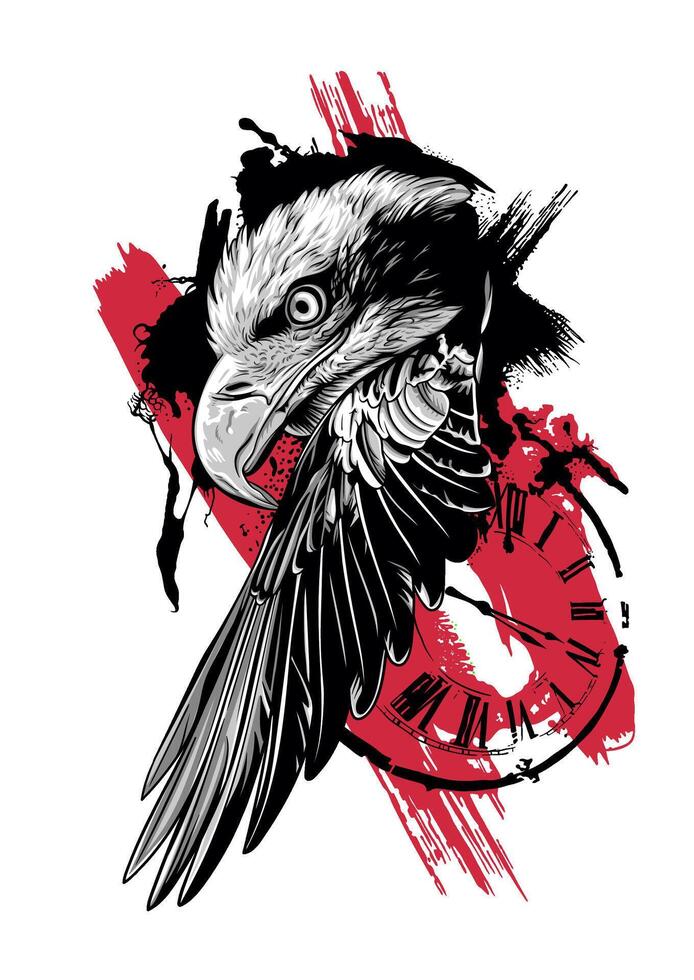 Abstract illustration with eagle head, clock, and red and black design elements vector