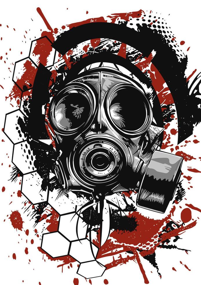 Abstract gas mask with striking black, red, and white elements, including hexagonal shapes and splatter effects vector