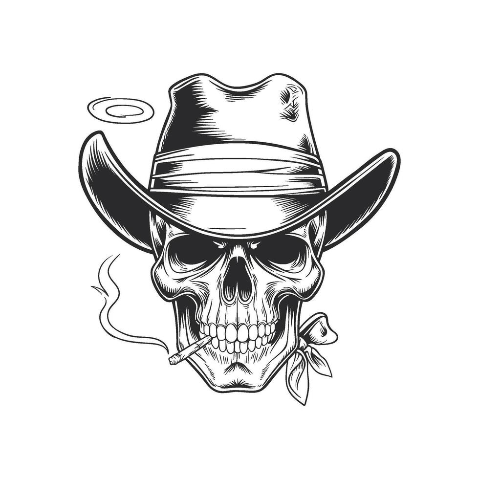Illustration of a skull wearing a cowboy hat and bandana, smoking a cigarette vector