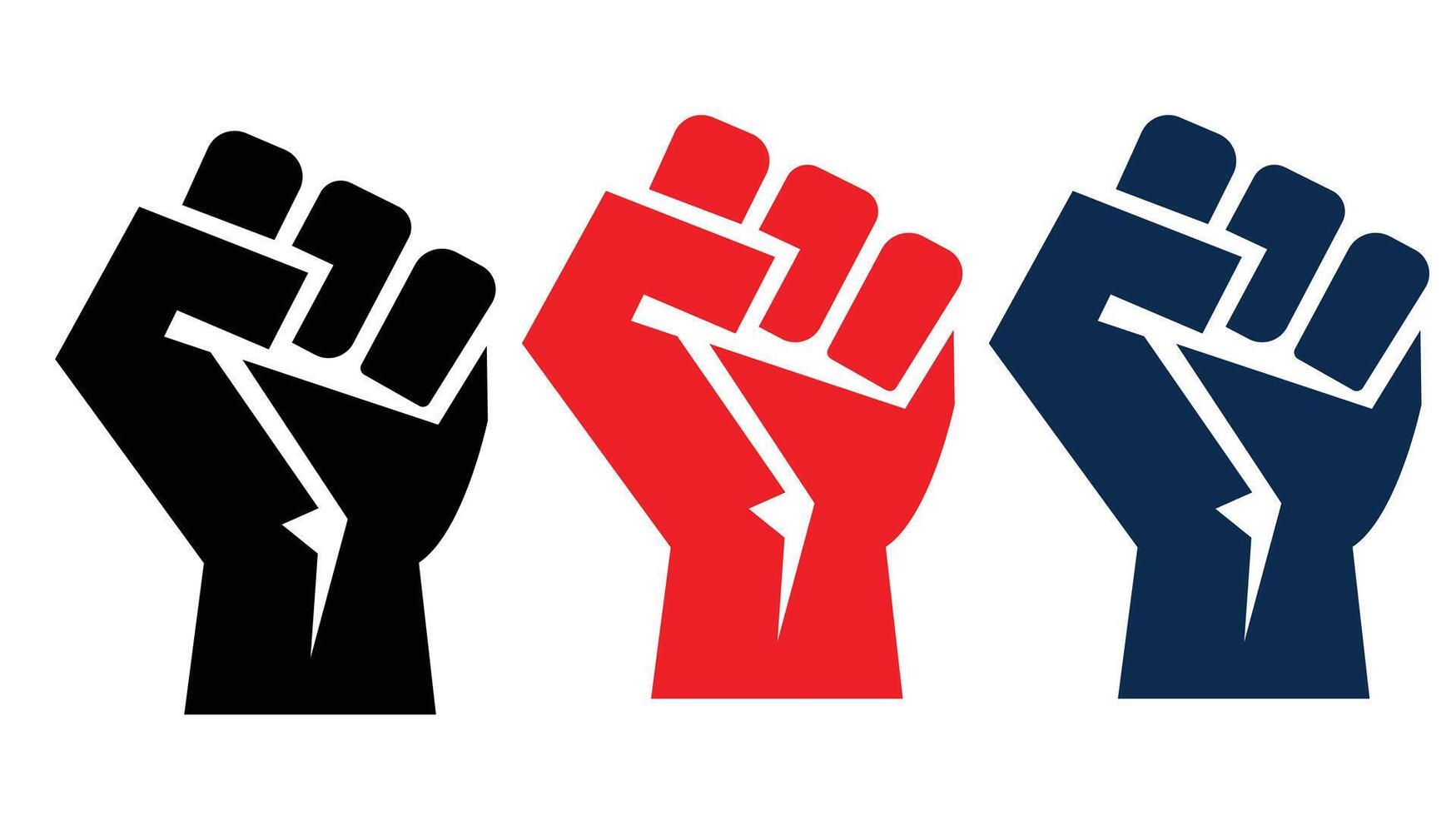 Black raised fist protest symbol icons. Hands clenched power symbol. Black lives important protest vector