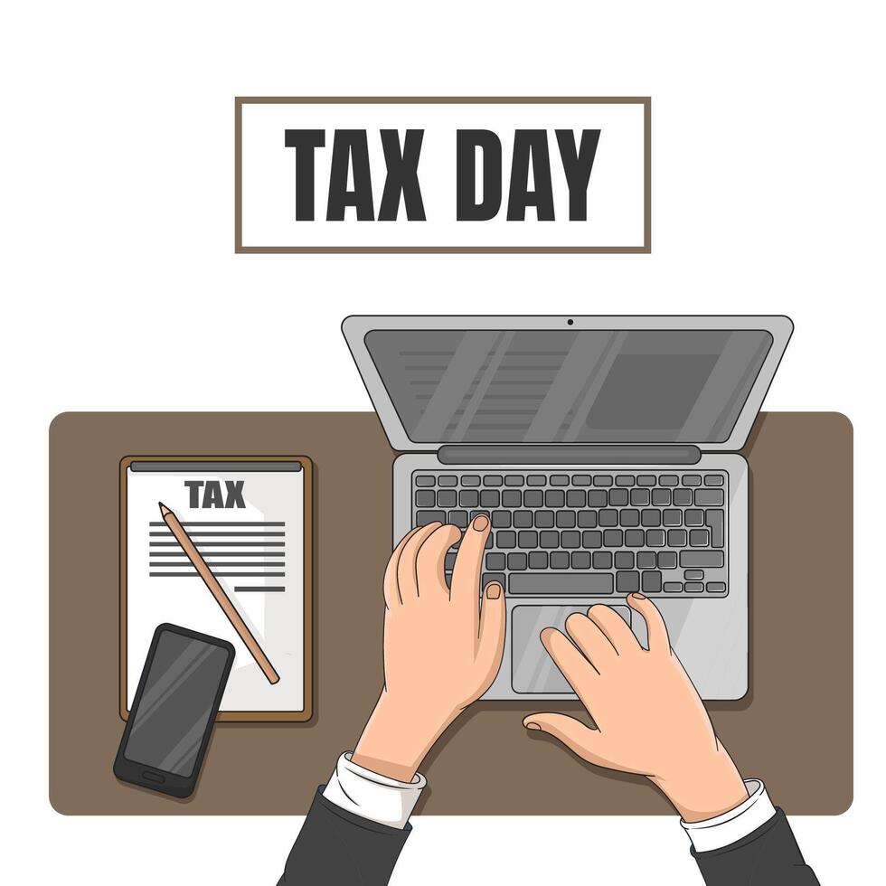 Tax day concept, Online tax payment. State Government taxation, calculation of tax return. Man fills the tax form, documents vector