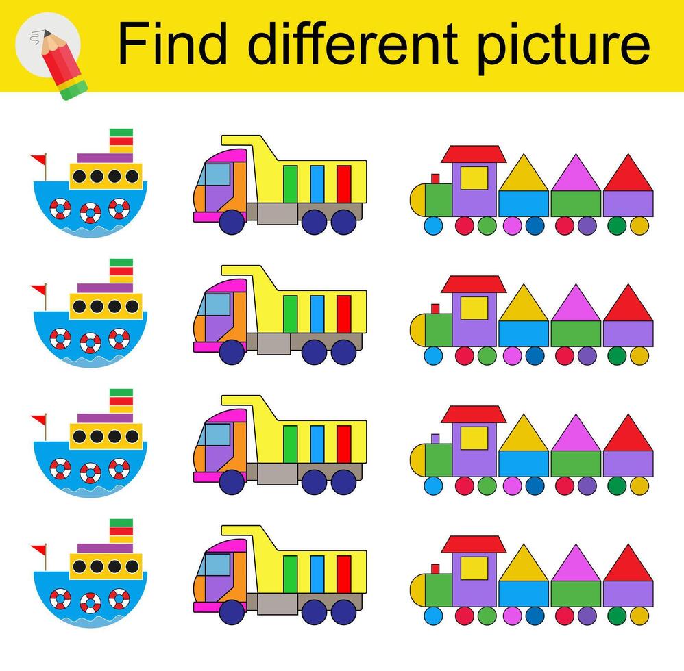Fun puzzle game for children. Find the odd one in the group. illustration of cartoon ship, dump truck, train. vector