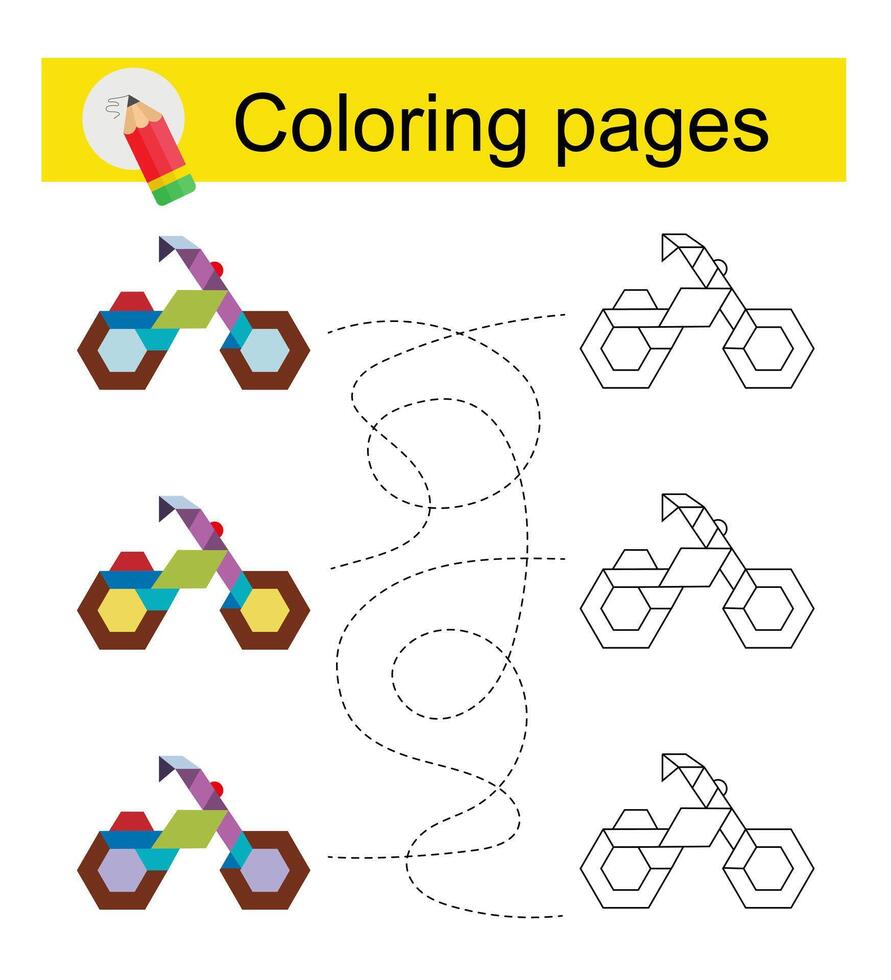 Educational game for kids. Go through the maze and color a cartoon bicycle according to the pattern. vector