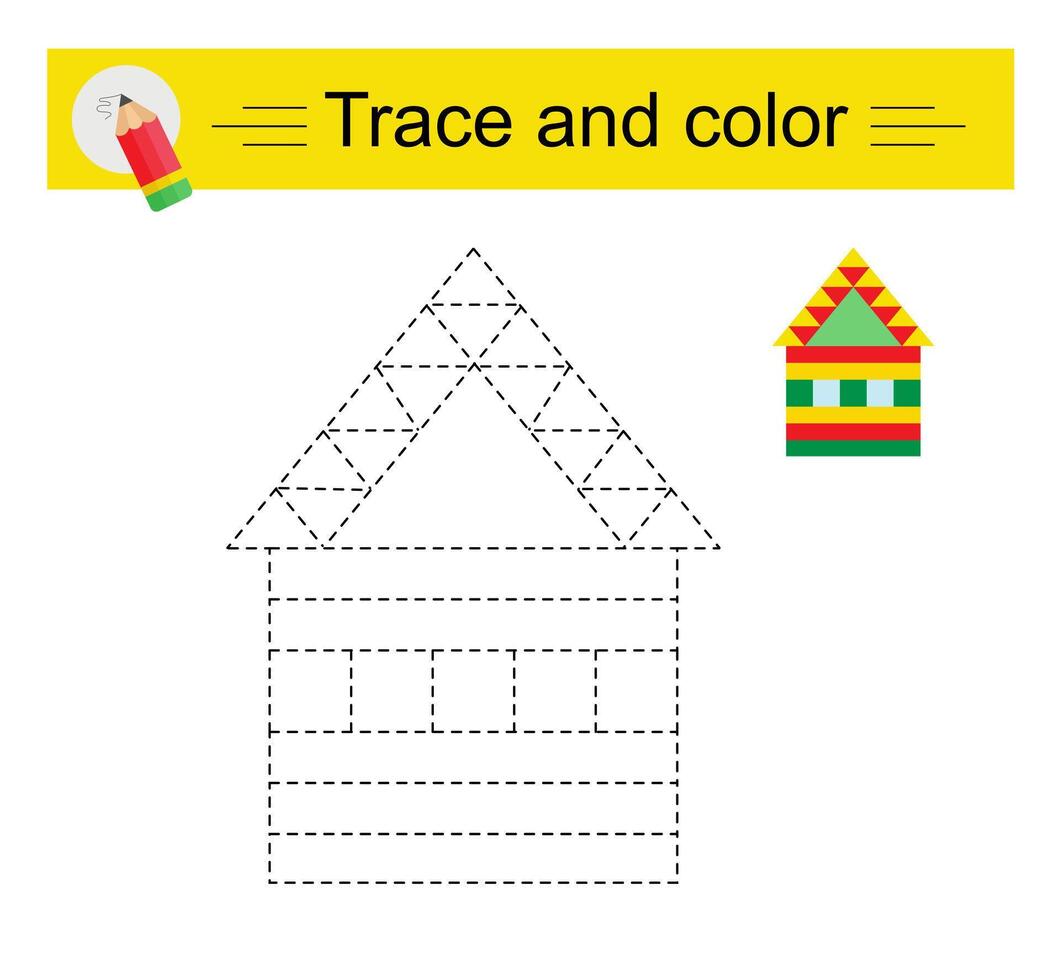 Trace and color for children. Preschool worksheet for practicing fine motor skills. Cartoon house. vector