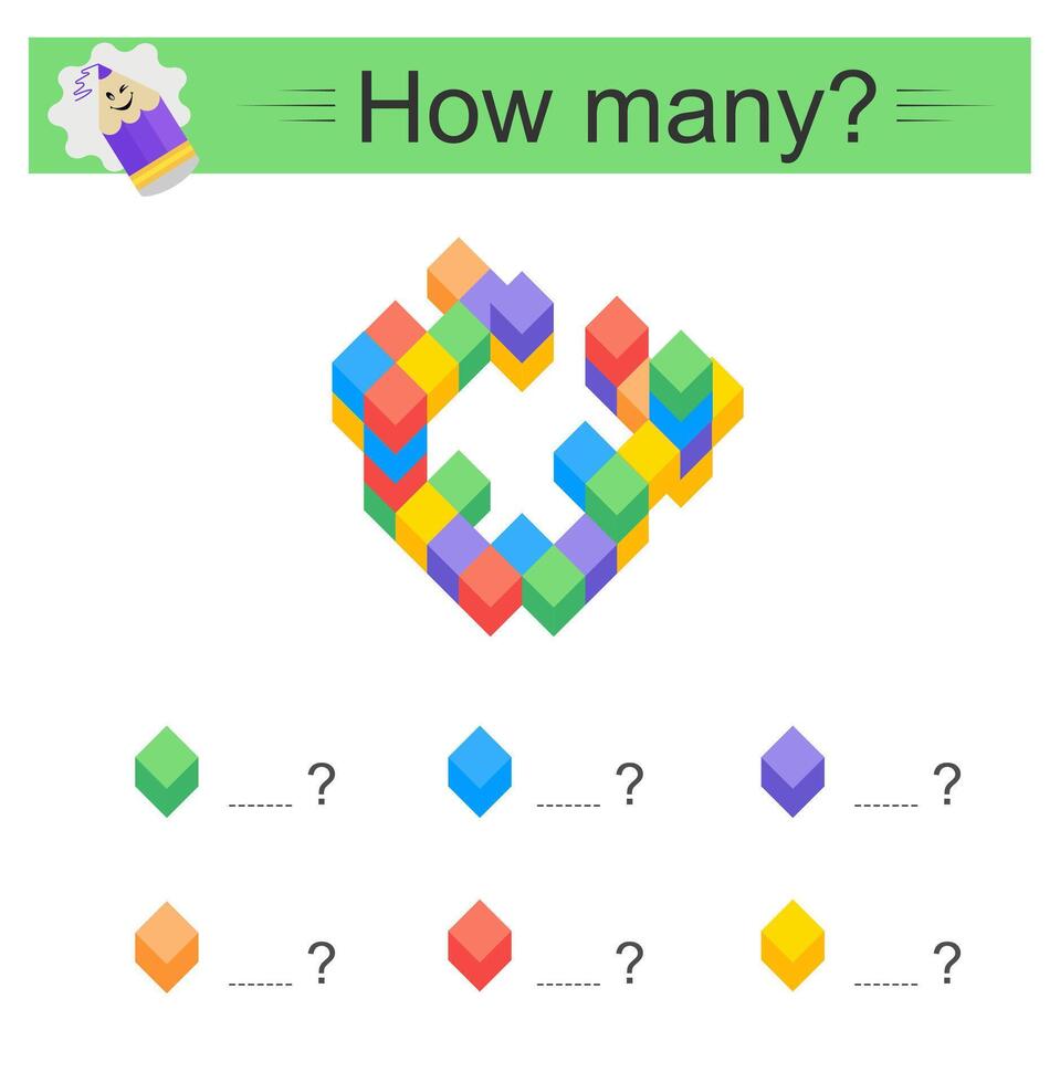 Educational math game for kids. Count how many red, yellow, blue, green, cubes. Worksheet vector