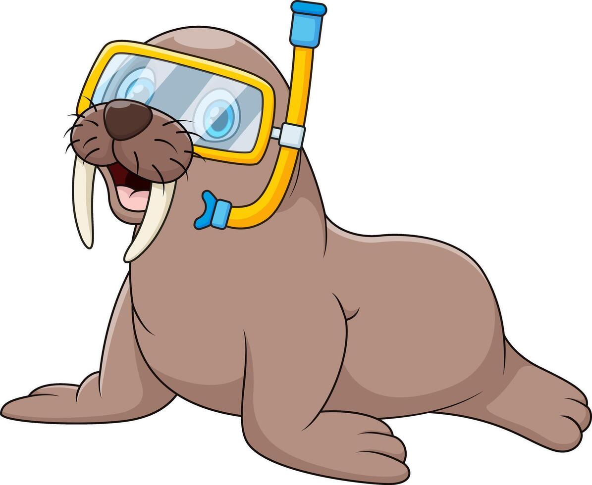 Walrus wearing a snorkel and goggles. vector