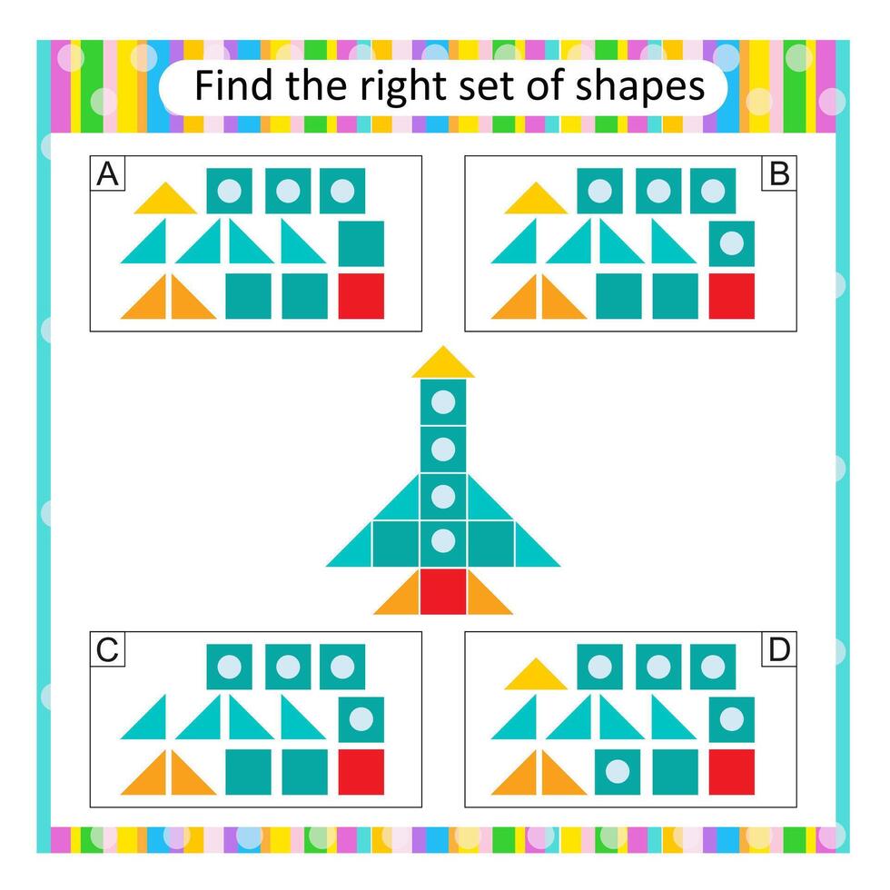 Puzzle for kids. Find the correct set of cartoon rocket. Answer is B. vector