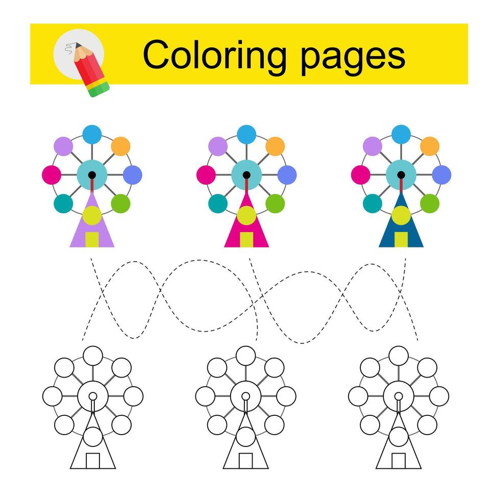 Educational game for kids. Go through the maze and color a cartoon Ferris wheel according to the pattern. vector
