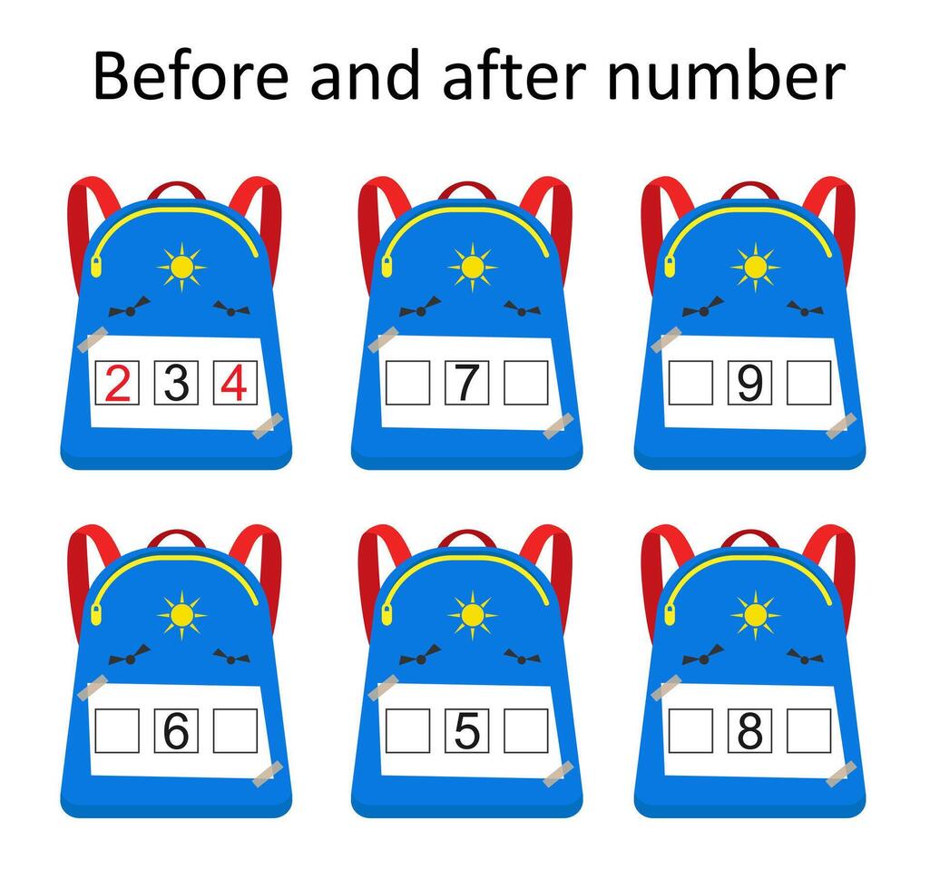 What comes Before and After. Math worksheets for kids. illustration vector