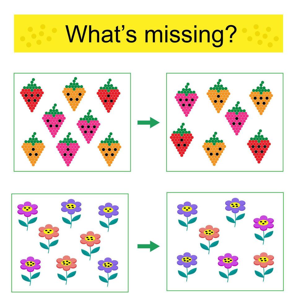 Puzzle game. Find the missing object. Cartoon strawberry, flower ...