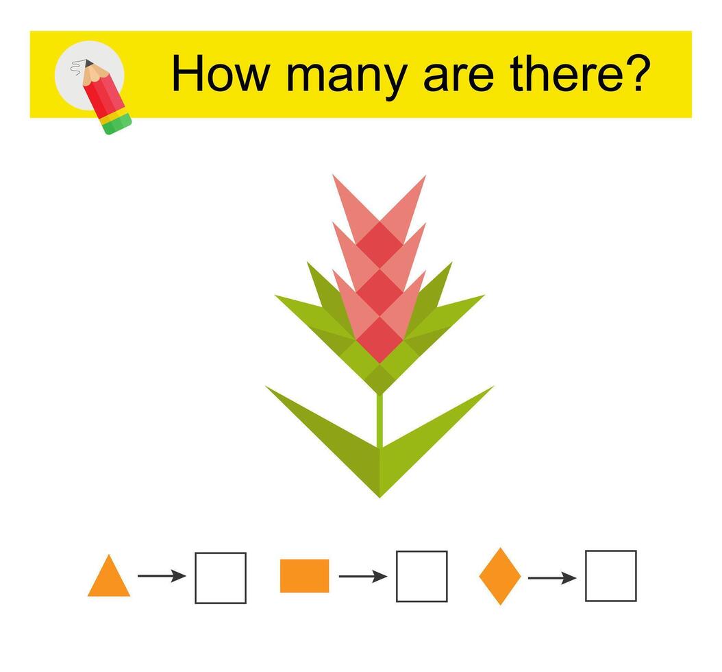 Math activity for children. How many geometric shapes Cartoon flower. vector
