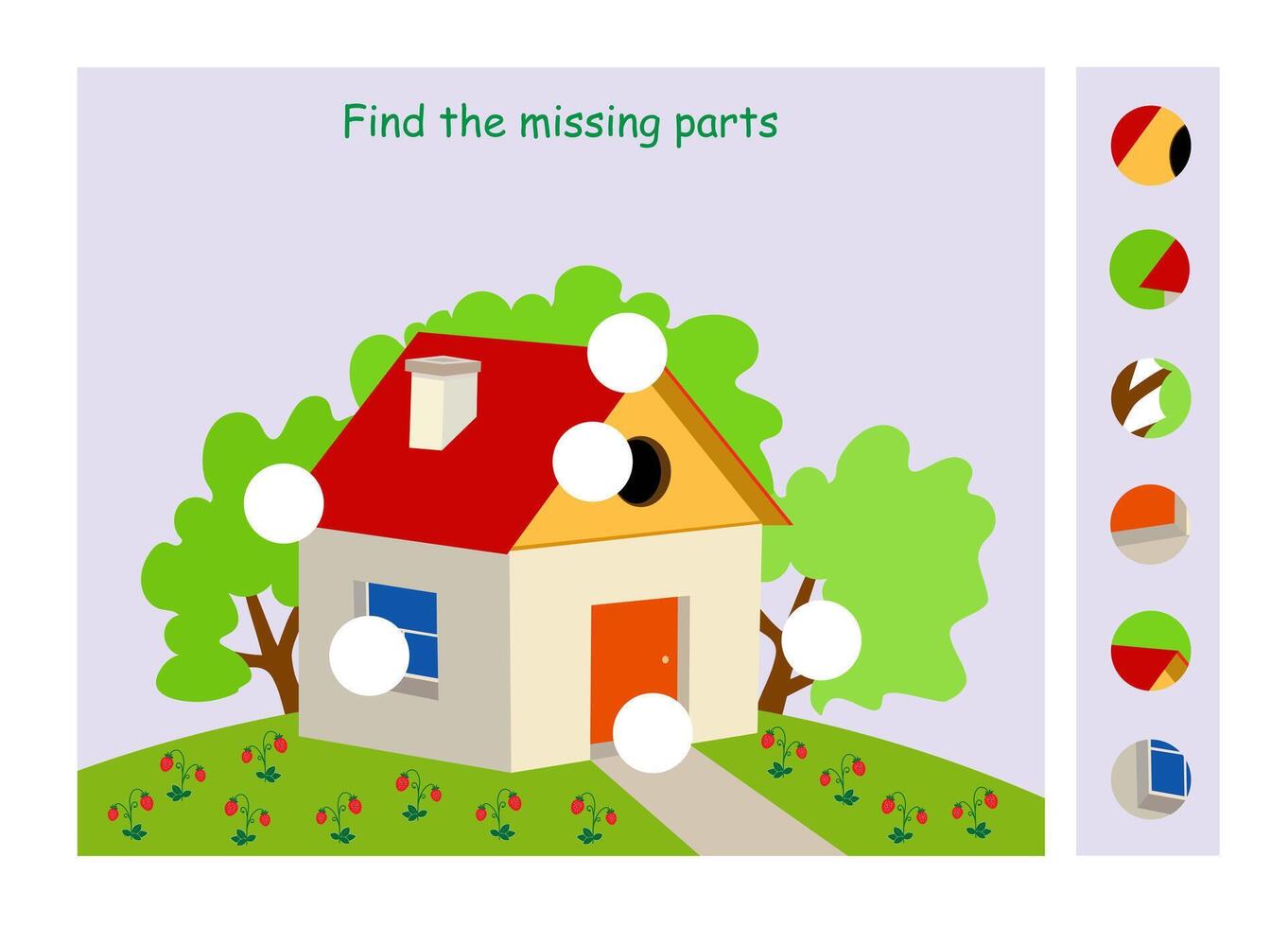 Mind game. Task for the development of logic for kids. Find the missing parts. Flat style design. vector