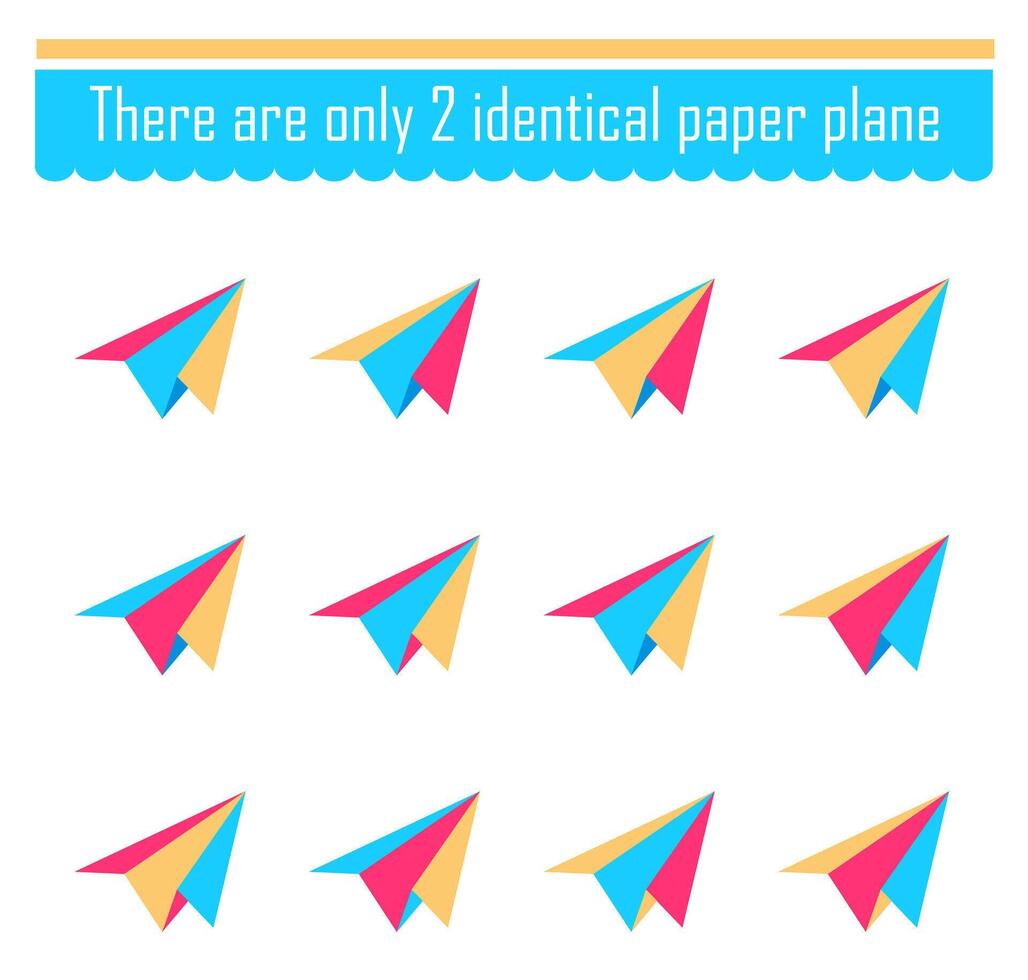 Logical game for children. Need to find two identical paper plane. Visual intelligence. vector