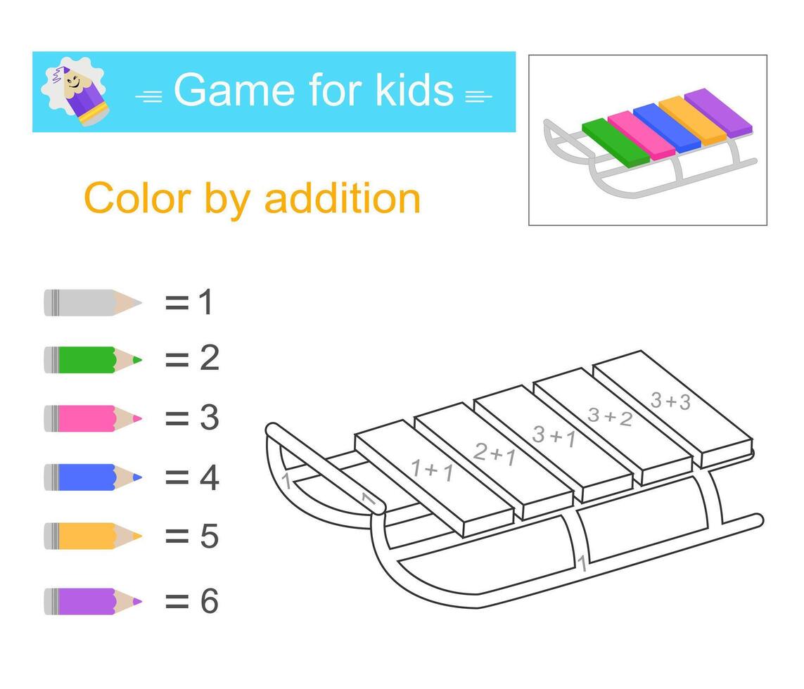 Color by addition. Math activity for kids. Number range up to 10 vector
