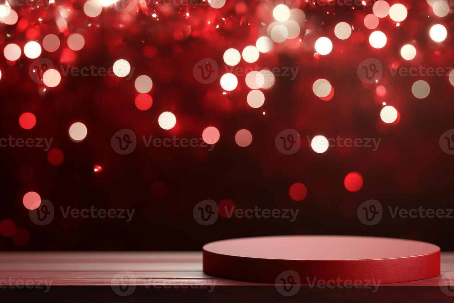 Red christmas lights on a table with a red pedestal photo