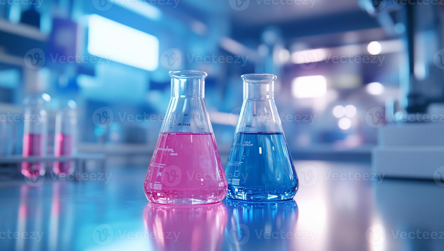 Two laboratory flasks with pink and blue liquids on a lab table. photo