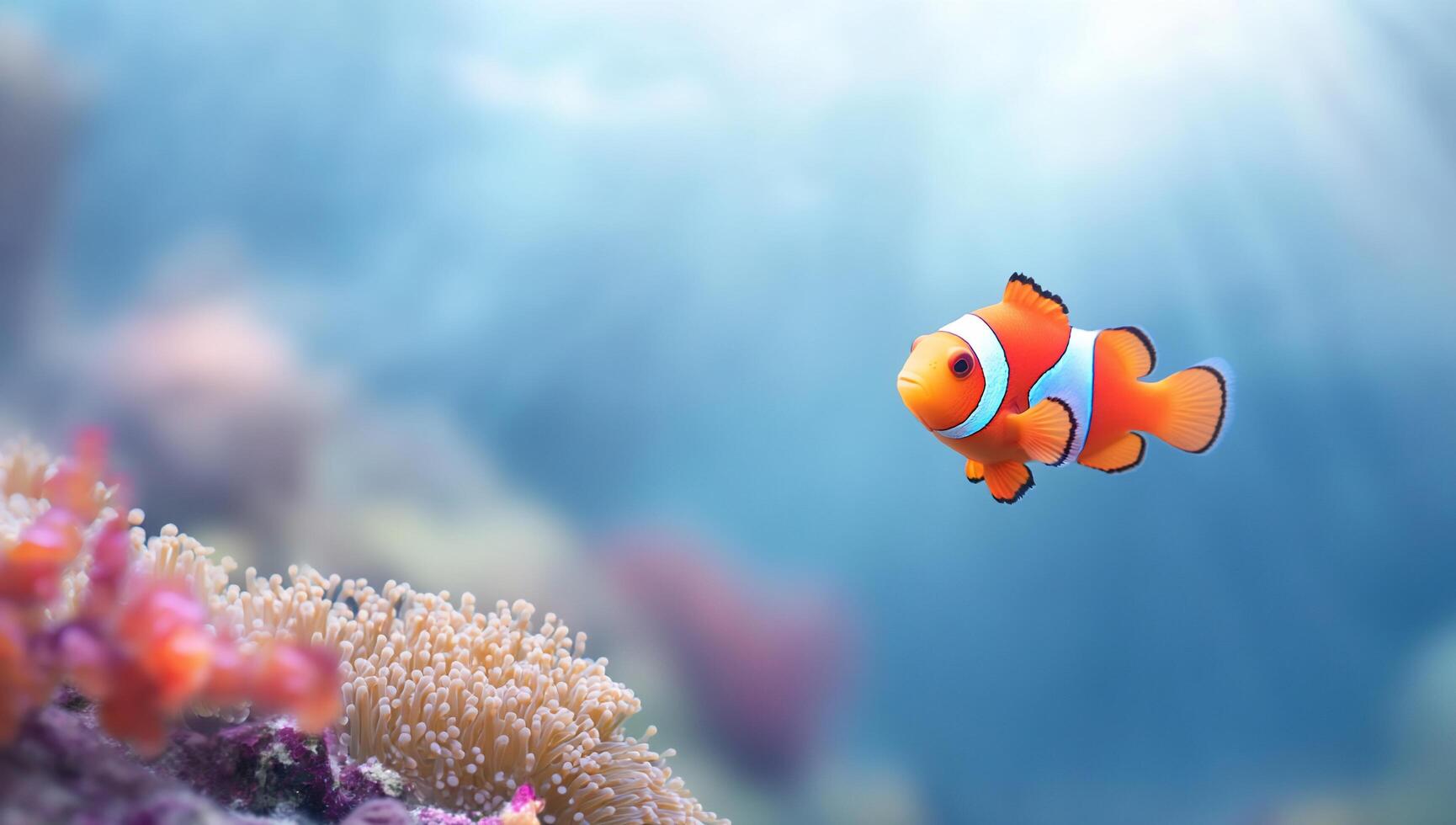 A vibrant clownfish swims near colorful coral in a serene ocean scene. photo
