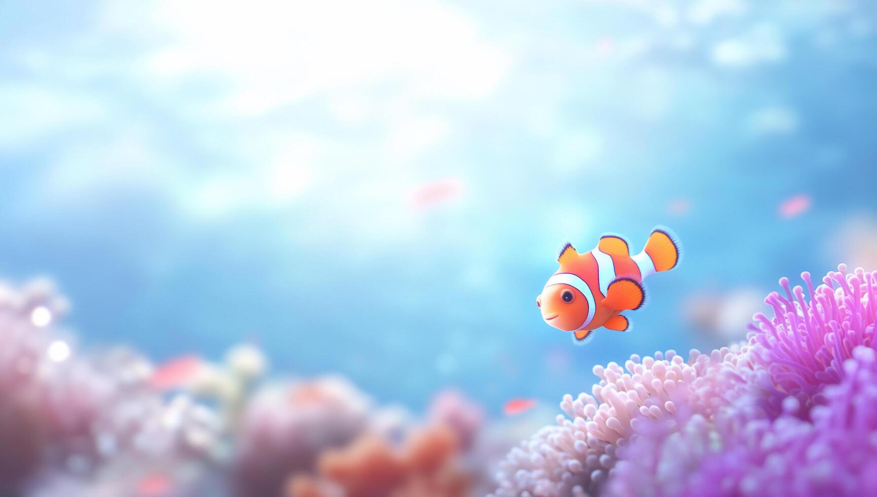 A vibrant clownfish swimming among colorful coral in a serene ocean. photo