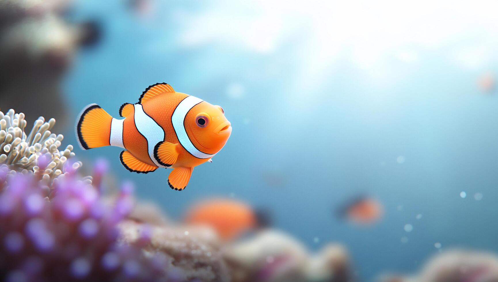 A vibrant clownfish swims among colorful coral in a serene ocean scene. photo