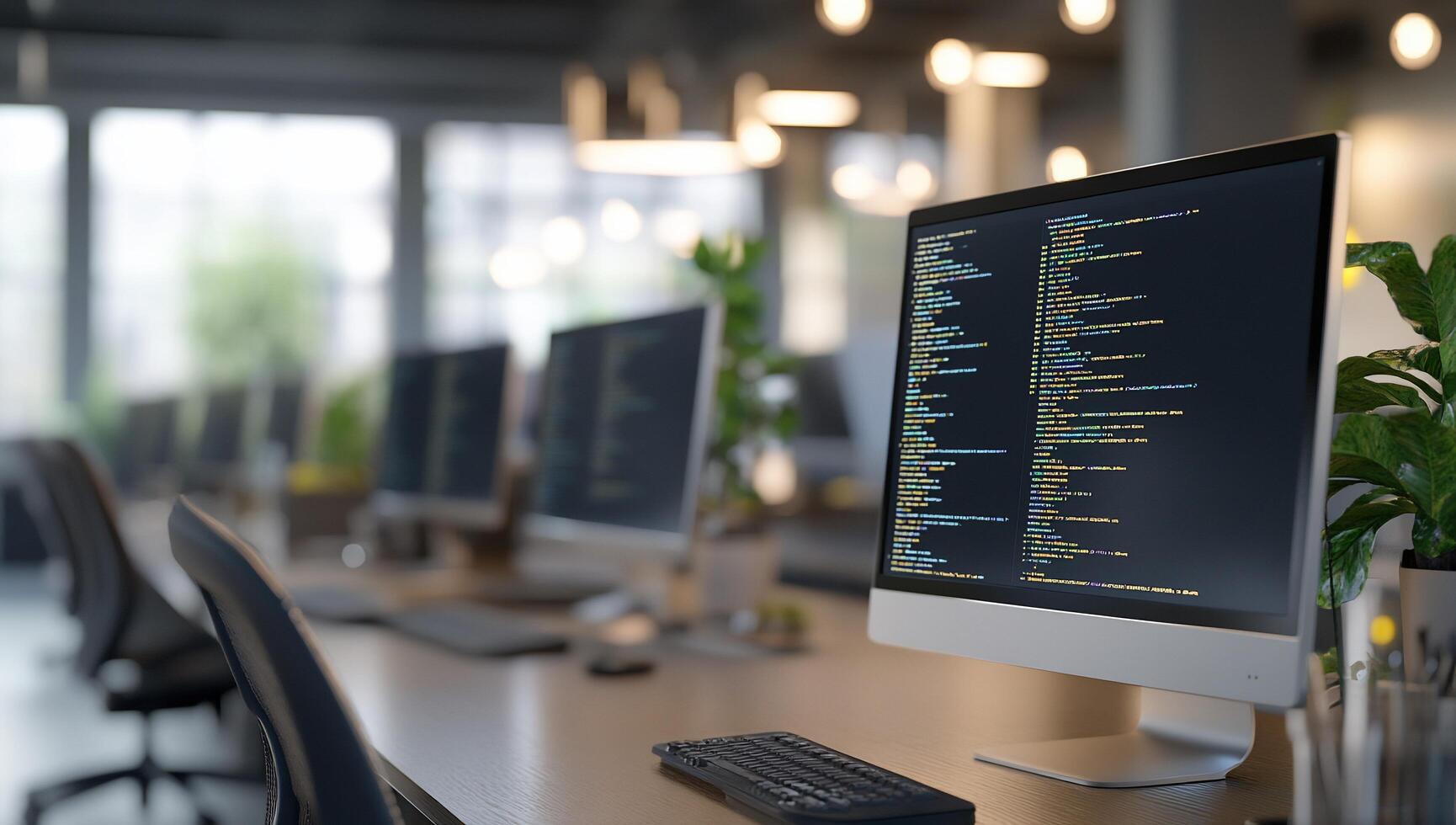 A modern workspace featuring computers with coding on screens. photo