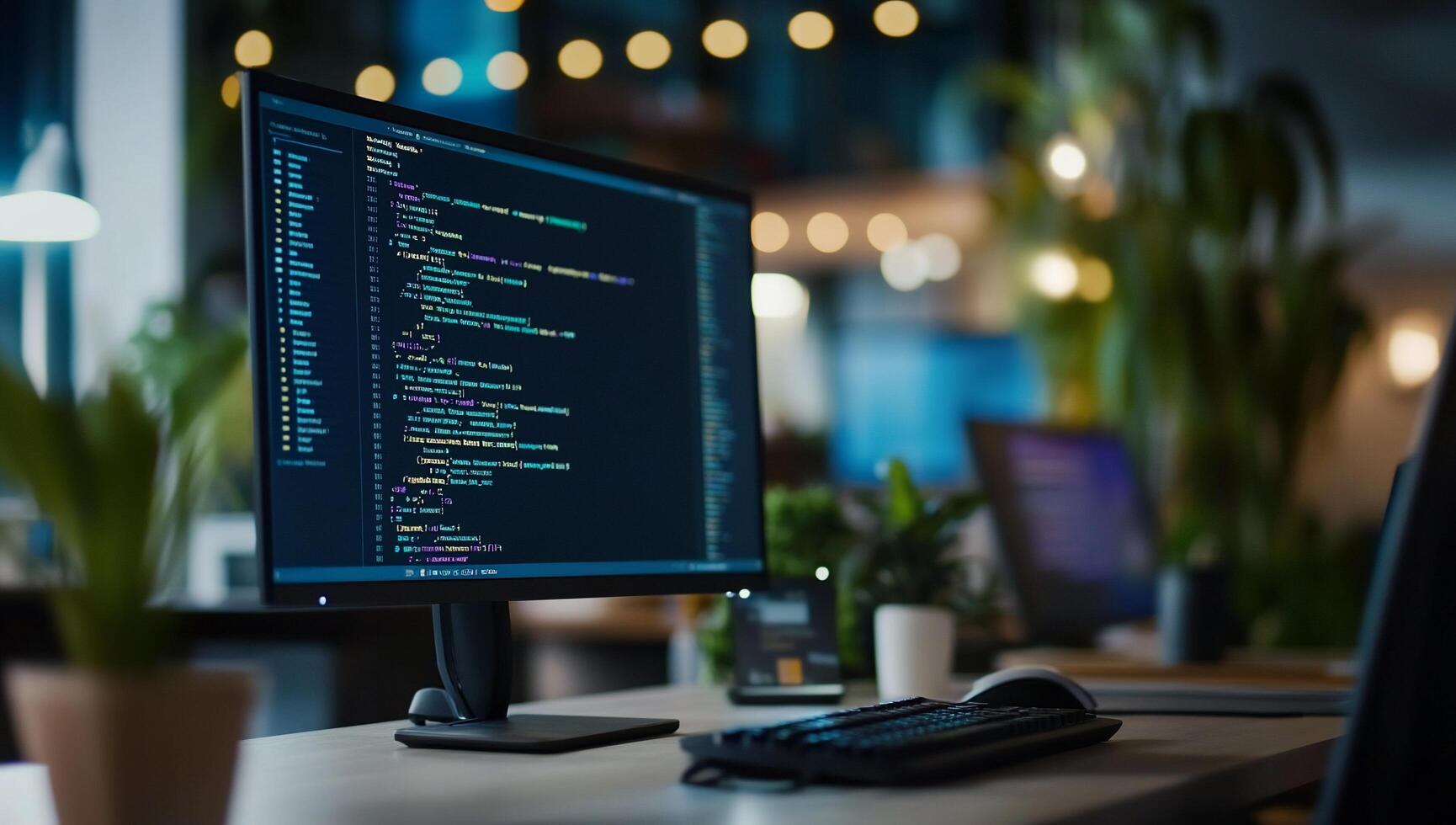 A computer desk with coding displayed on a monitor in an office setting. photo