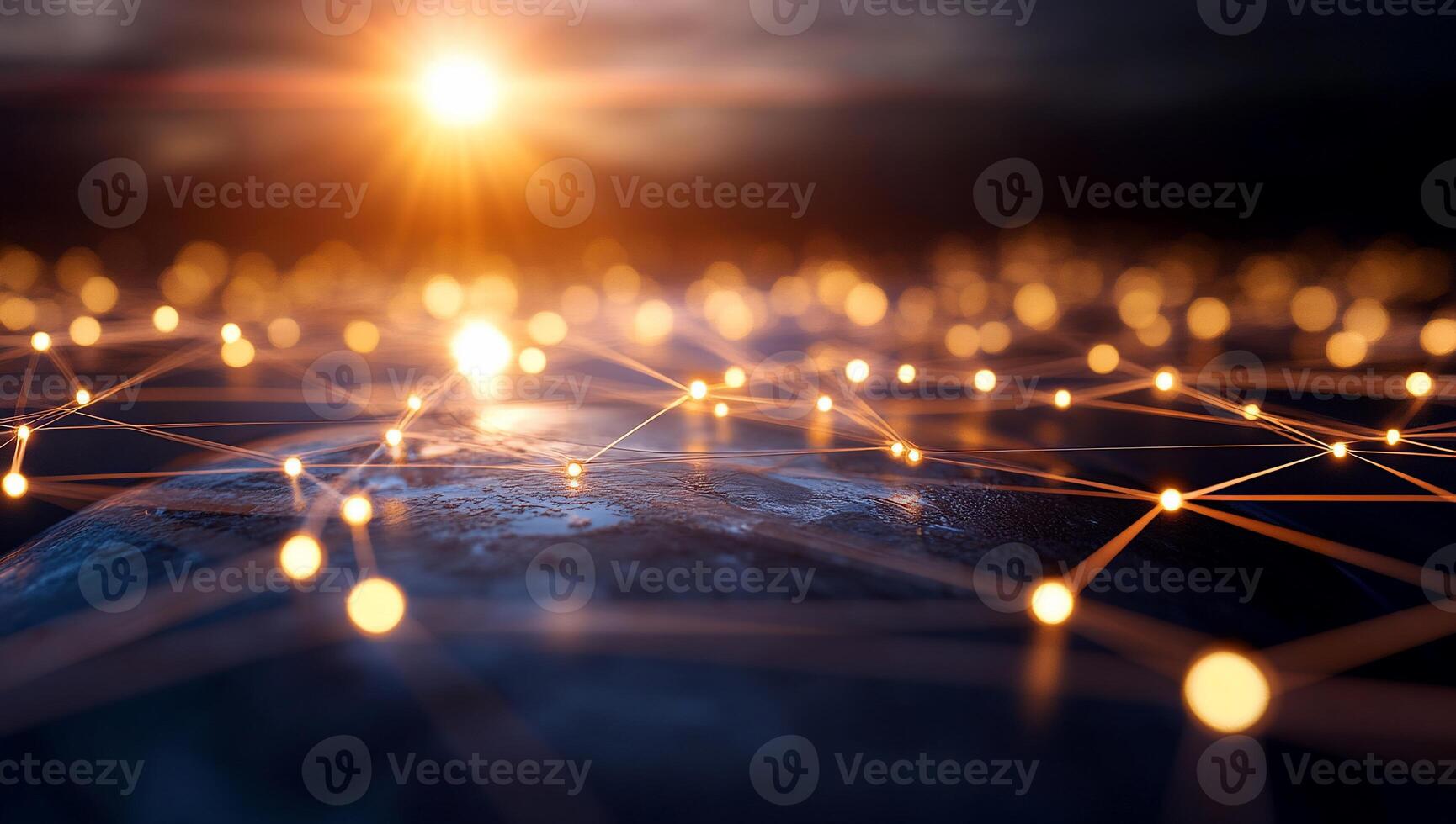 A digital network connecting across a globe, illuminated by sunlight. photo