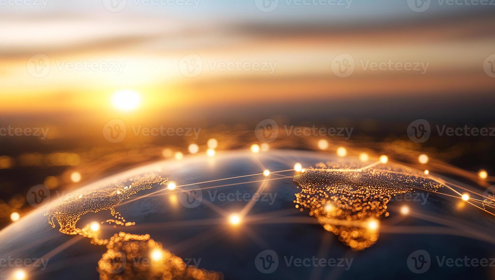 A glowing globe at sunset, symbolizing global connectivity and technology. photo