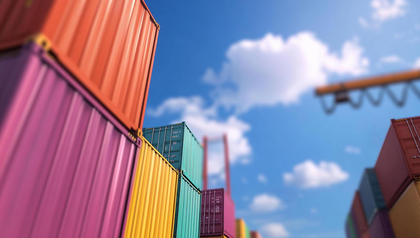Colorful shipping containers stacked at a port against a blue sky. photo
