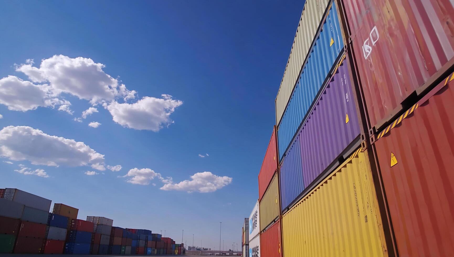 Colorful shipping containers stacked against a blue sky. photo