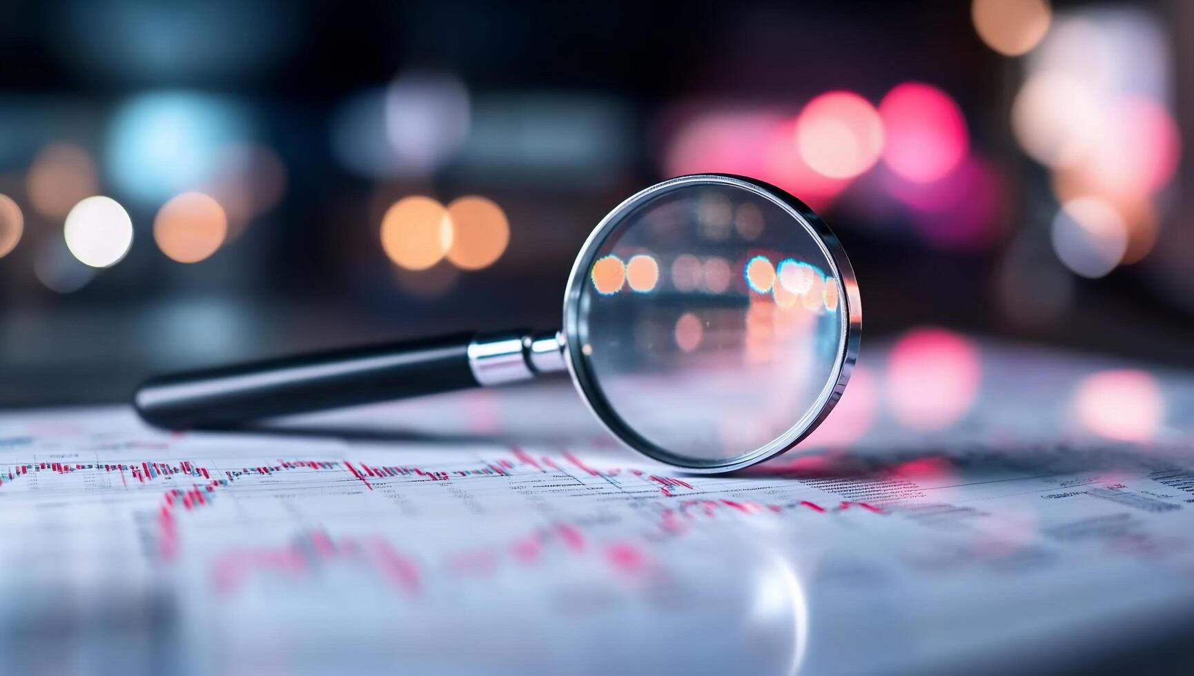A magnifying glass rests on a document with graphs and data. photo