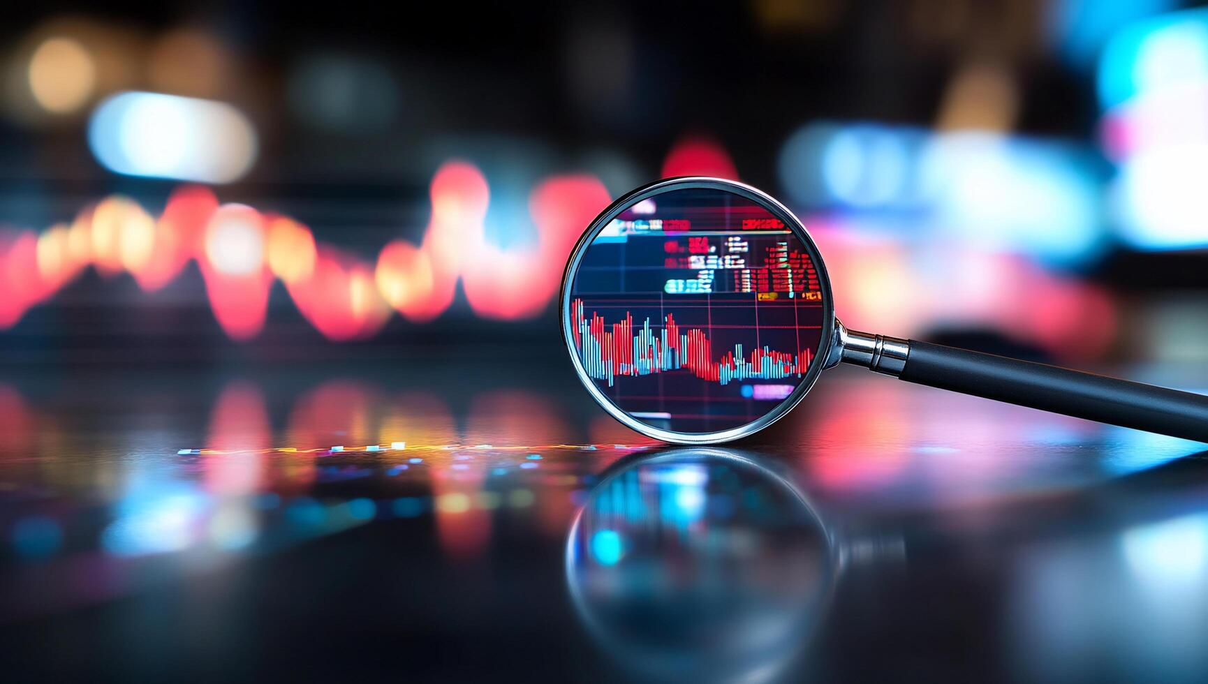 A magnifying glass focuses on financial data and trends. photo
