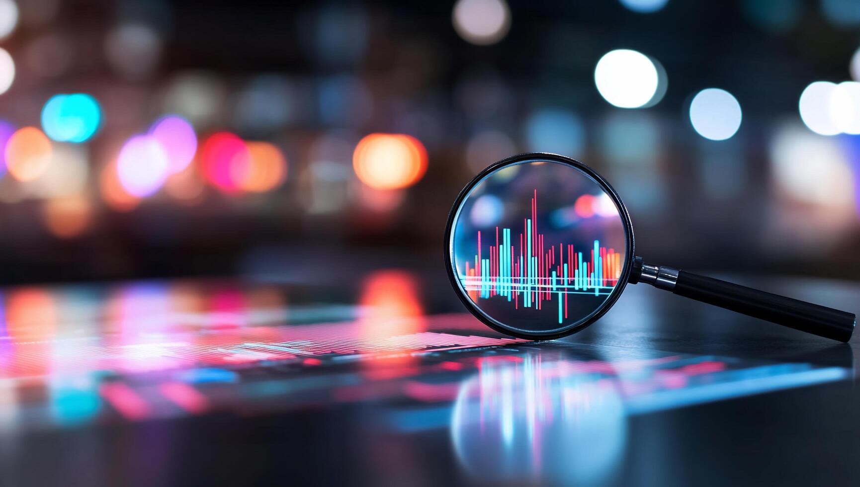 A magnifying glass focuses on a colorful data graph on a table. photo