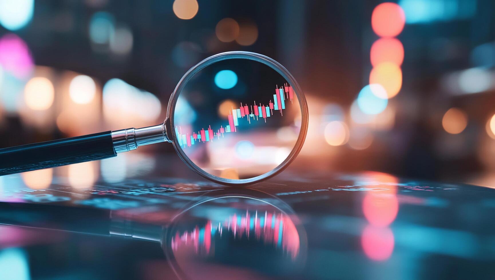 A magnifying glass focuses on a financial chart in a city setting. photo