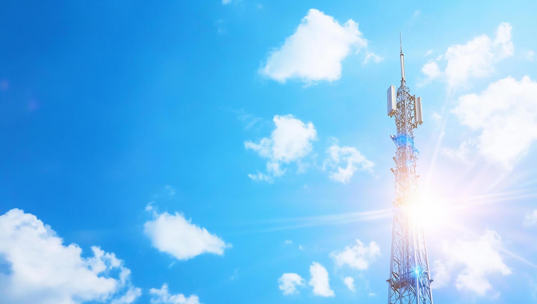 A telecommunications tower reaching towards a bright blue sky. photo