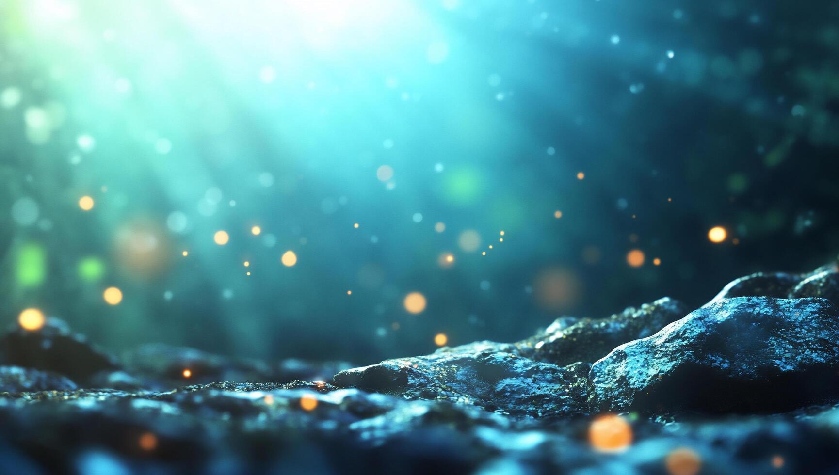 Ethereal underwater scene with light rays and floating particles. photo