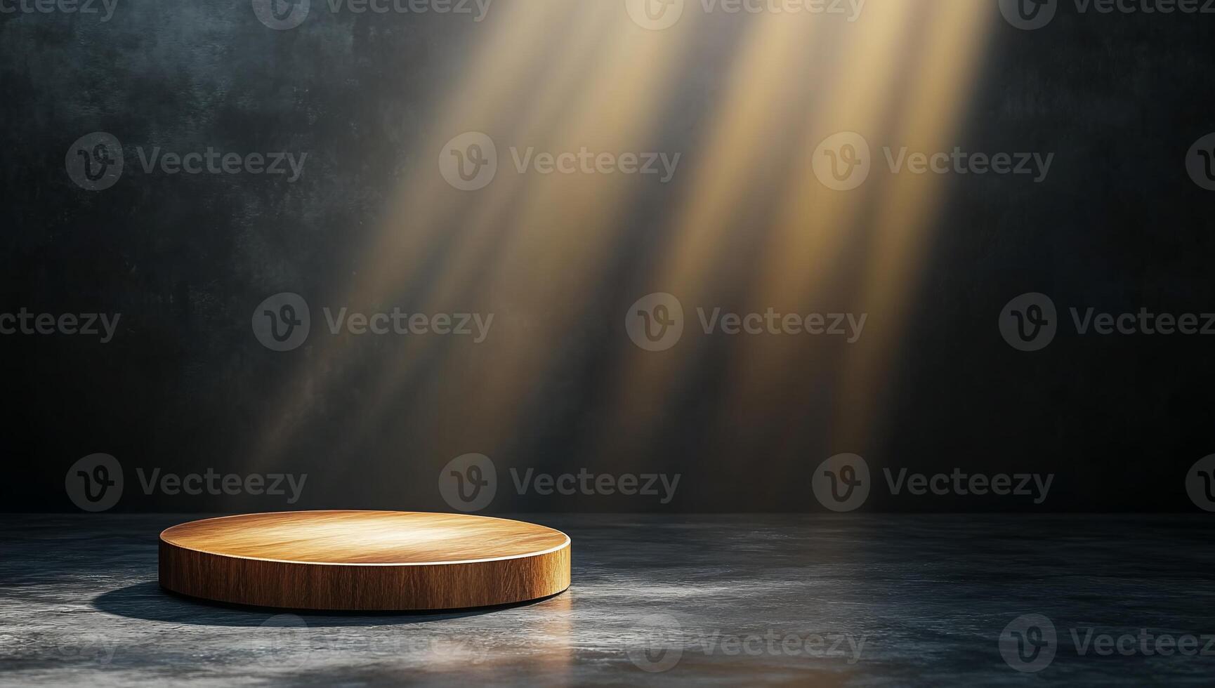 A wooden platform illuminated by beams of light in a dark setting. photo