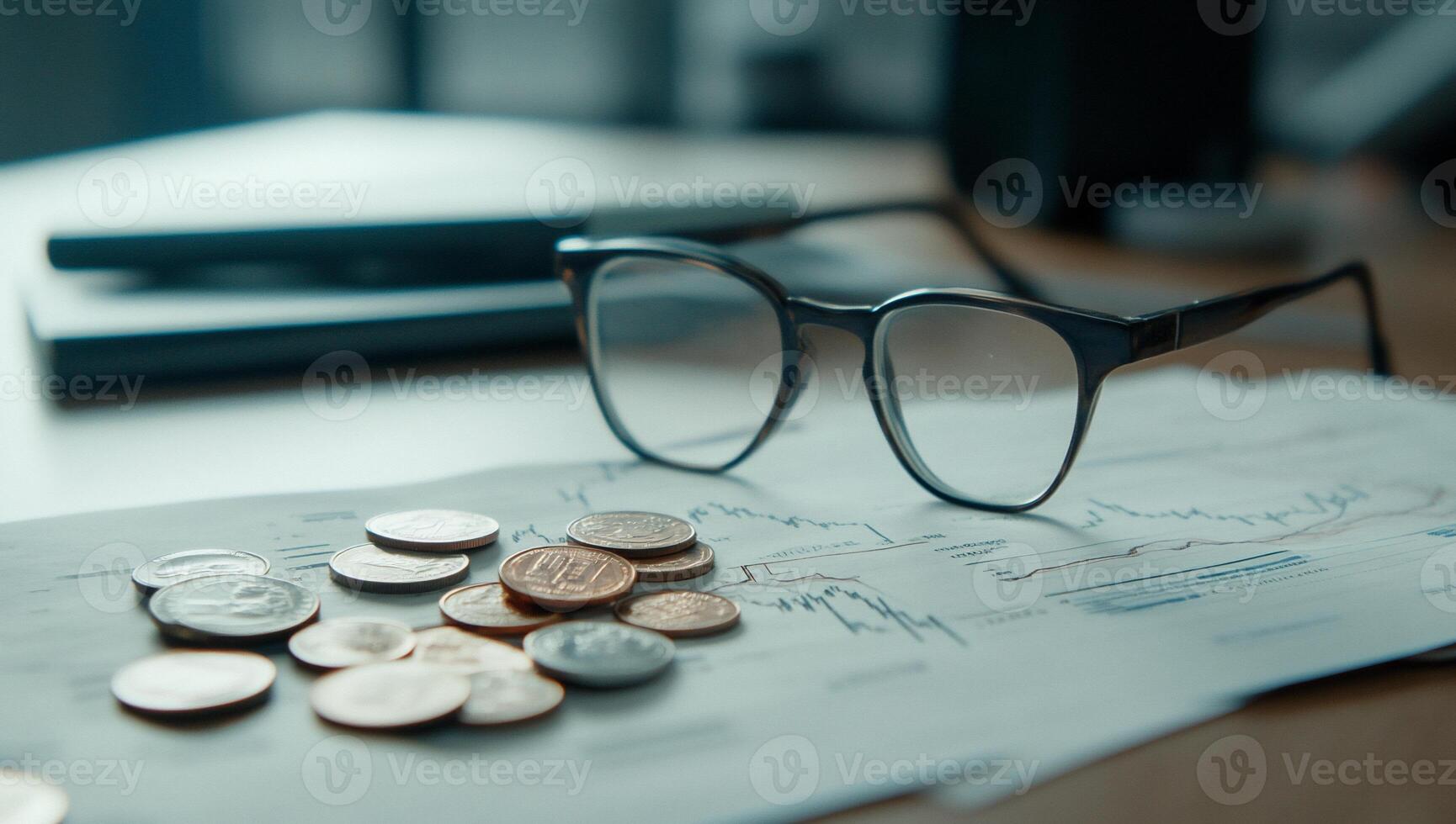 Glasses resting on financial documents with coins scattered nearby. photo
