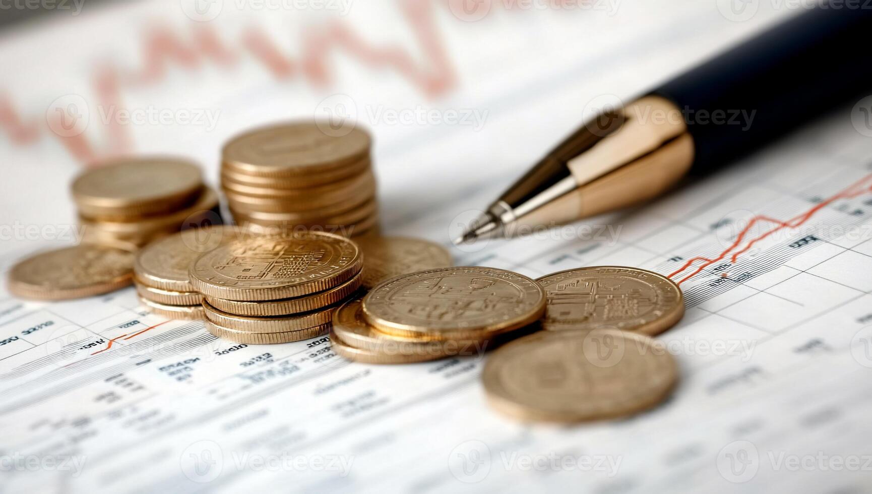 Coins and a pen on financial documents with graphs. photo