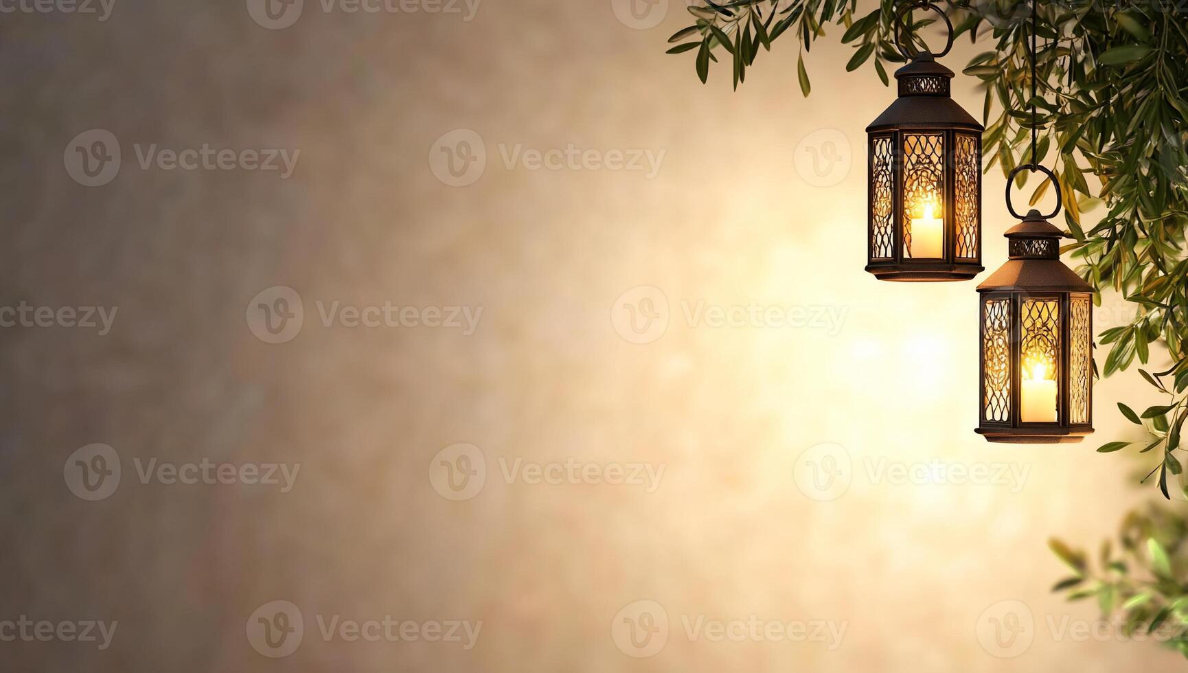 Two decorative lanterns hanging with soft light against a textured background. photo