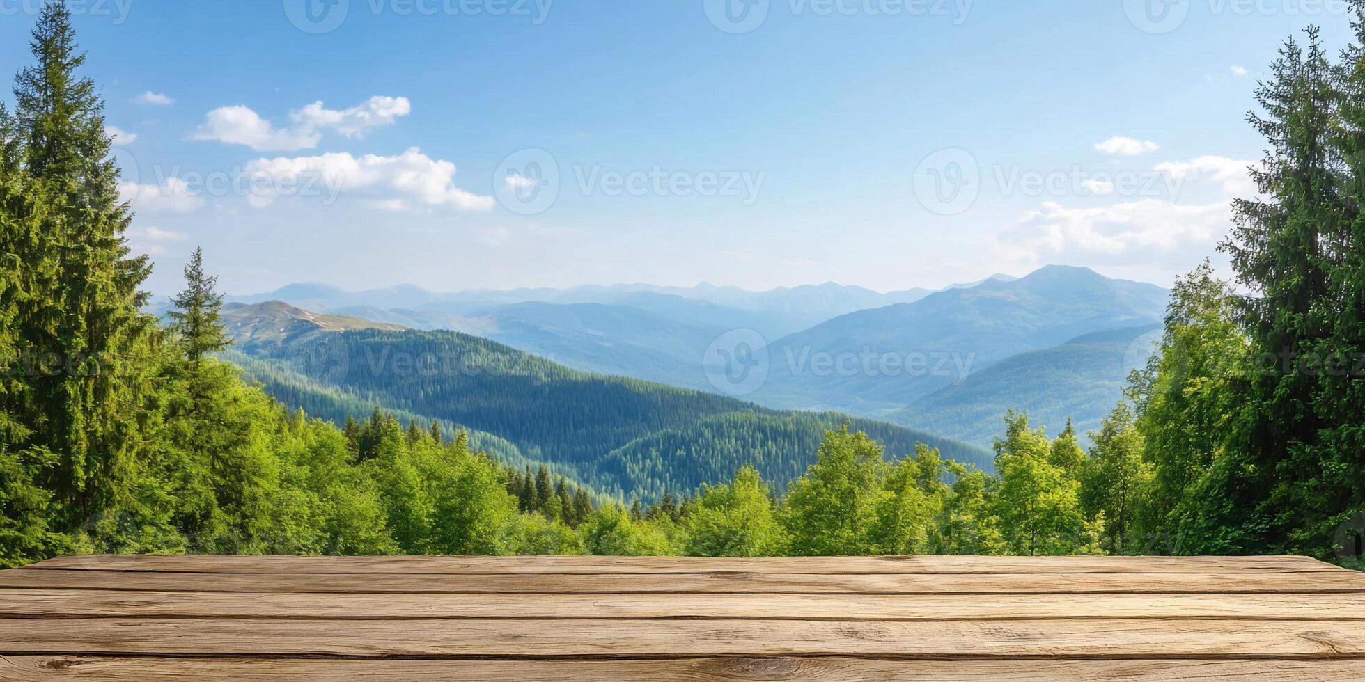 Scenic mountain landscape with a wooden table in the foreground. photo