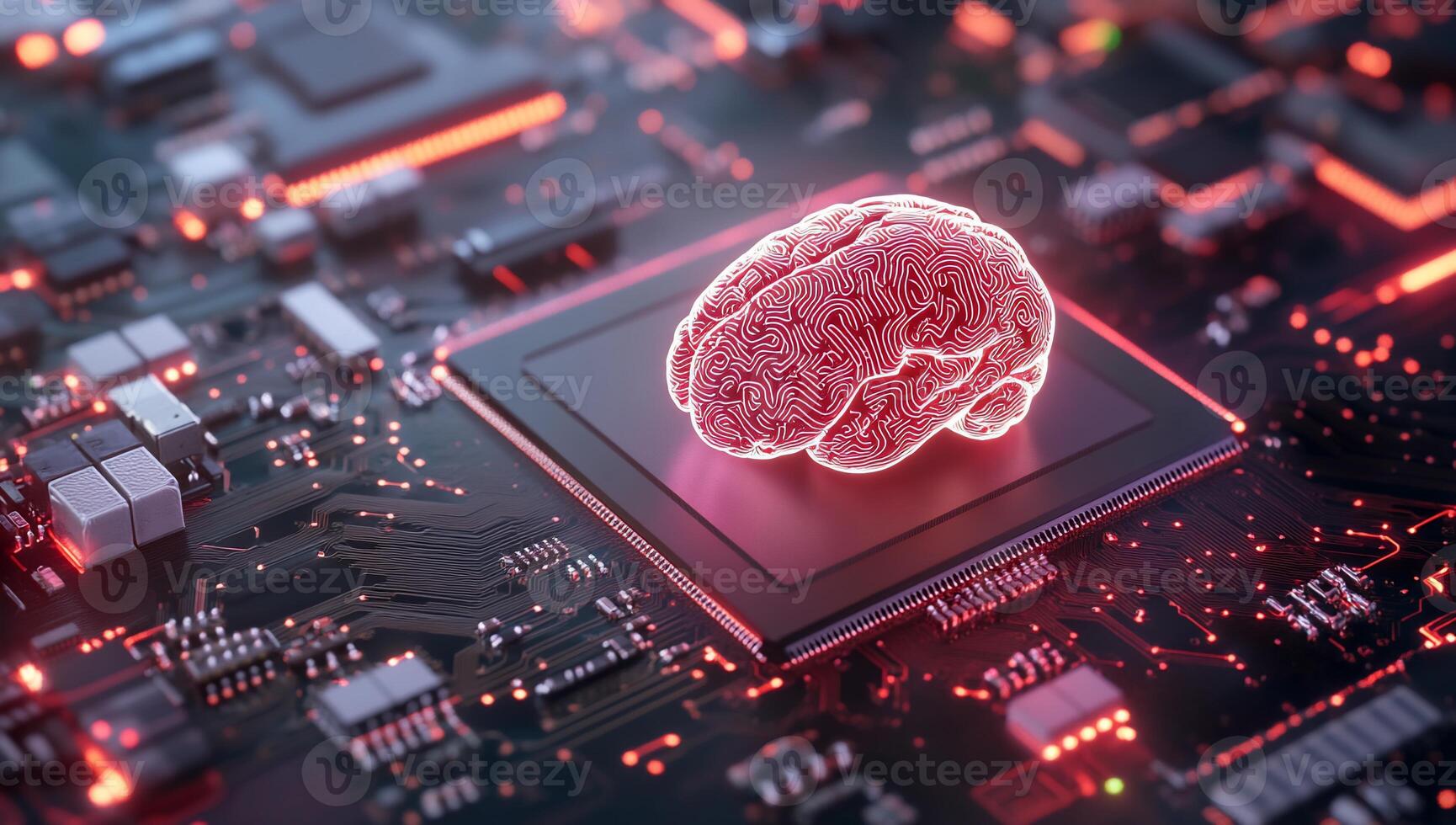 A digital brain on a circuit board, symbolizing AI and technology. photo