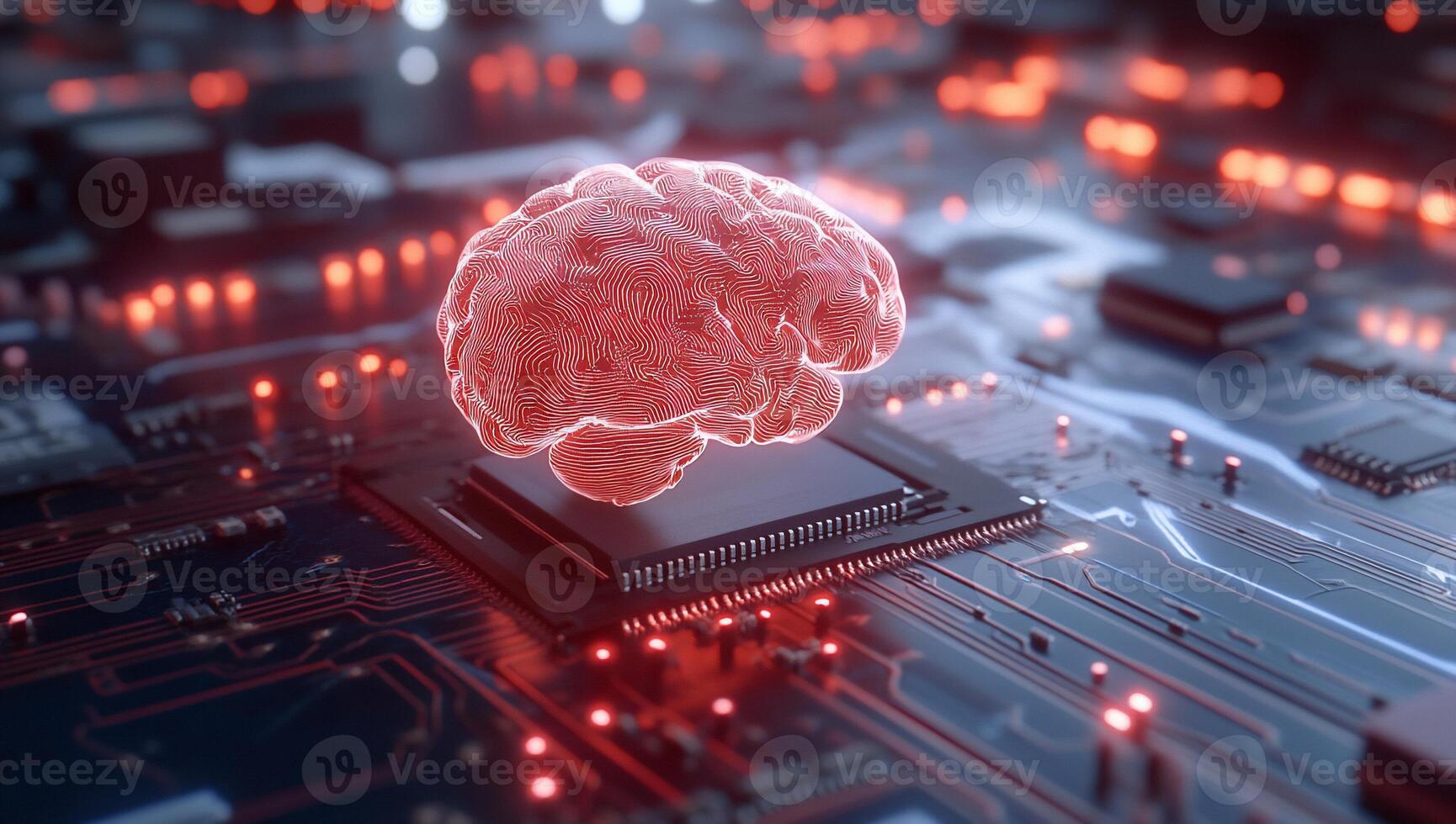 A digital brain hovering above a circuit board, symbolizing AI and technology. photo