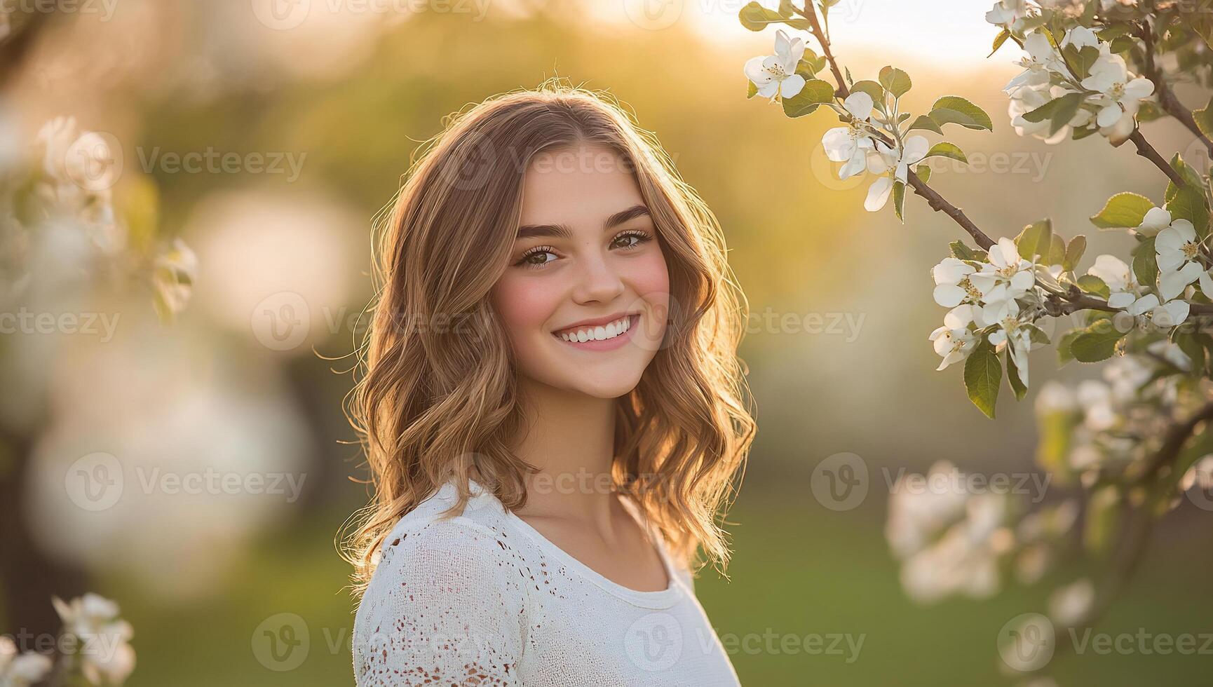 A young woman smiling amidst blossoming flowers in a serene setting. photo