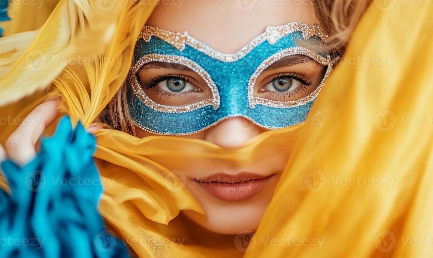 Beautiful woman in carnival mask with blue eyes photo