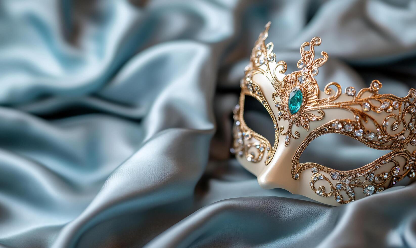 A gold and blue masquerade mask on a blue satin photo