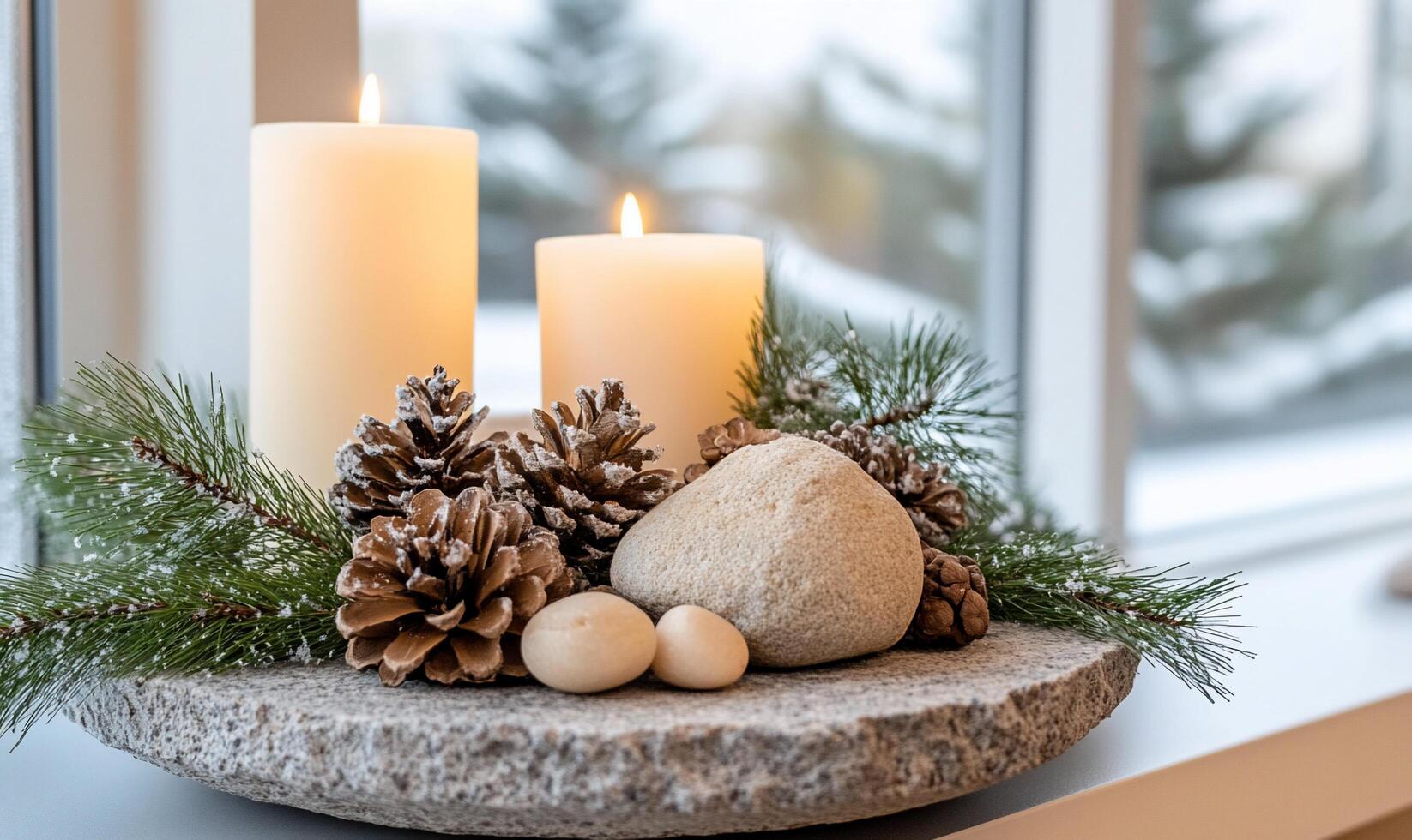 A stone bowl with pine cones, pine cones and candles photo