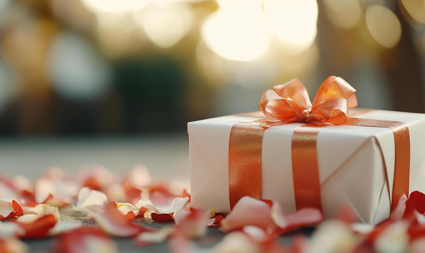 Gift box with red ribbon and white paper photo