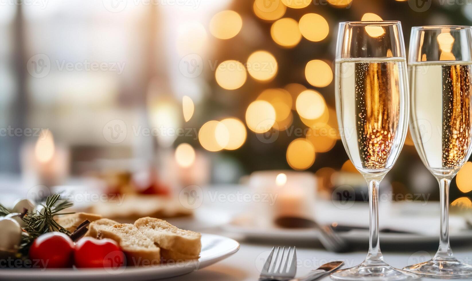 A festive table setting with champagne glasses and holiday treats. photo
